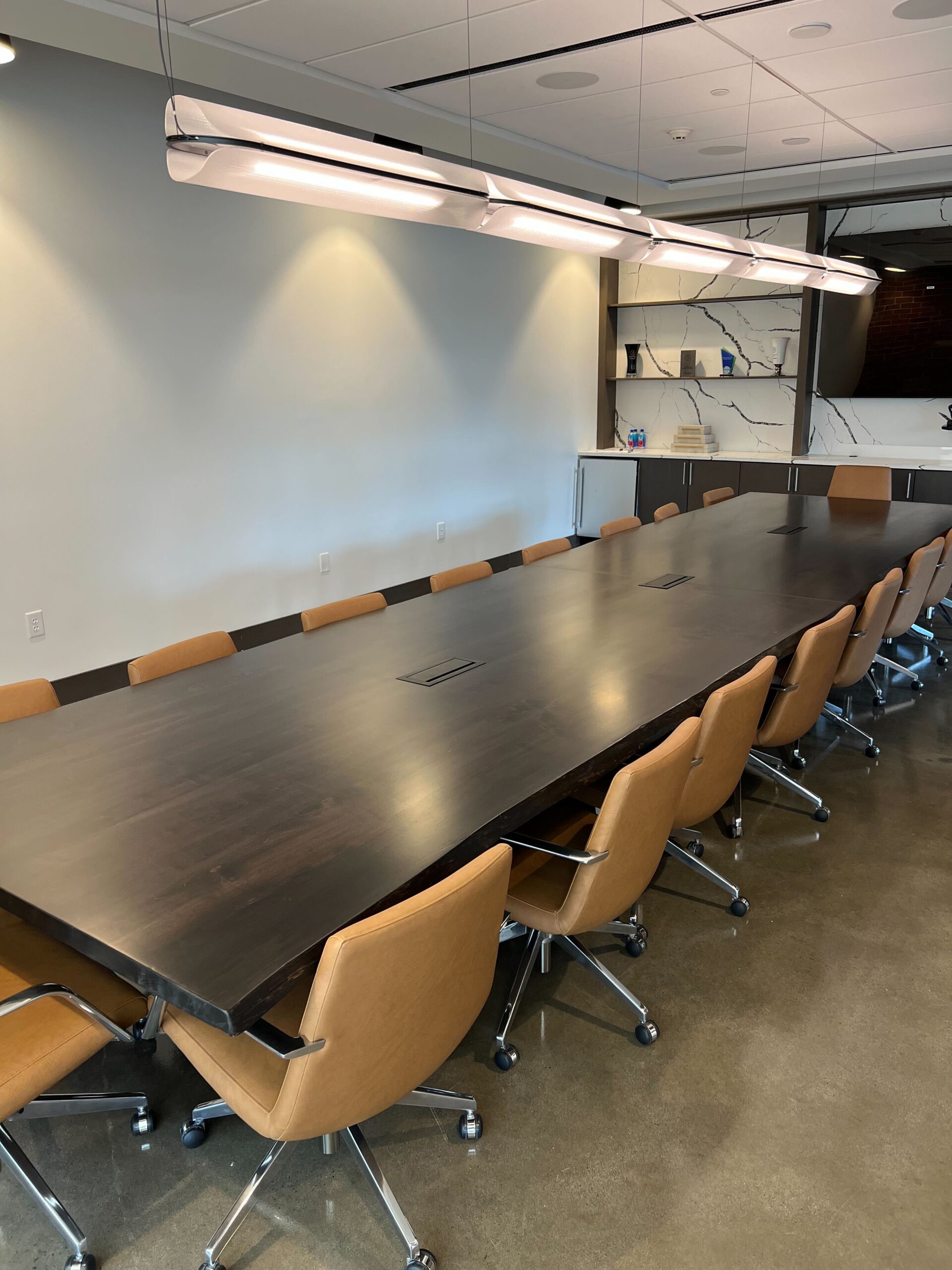 Live Edge Wormy Maple Conference Table with Steel Trapezoid Legs and Integrated Power