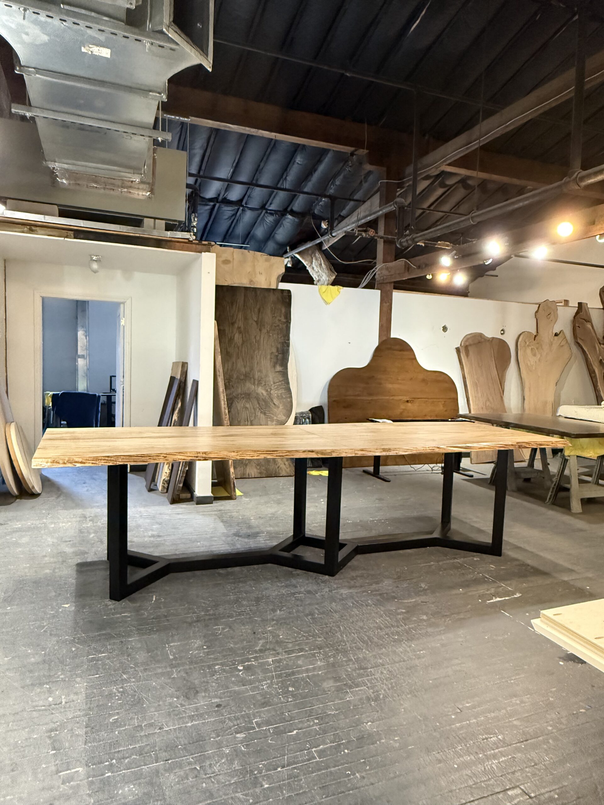 Womry Maple Live Edge Community Table with Decorative Steel Base