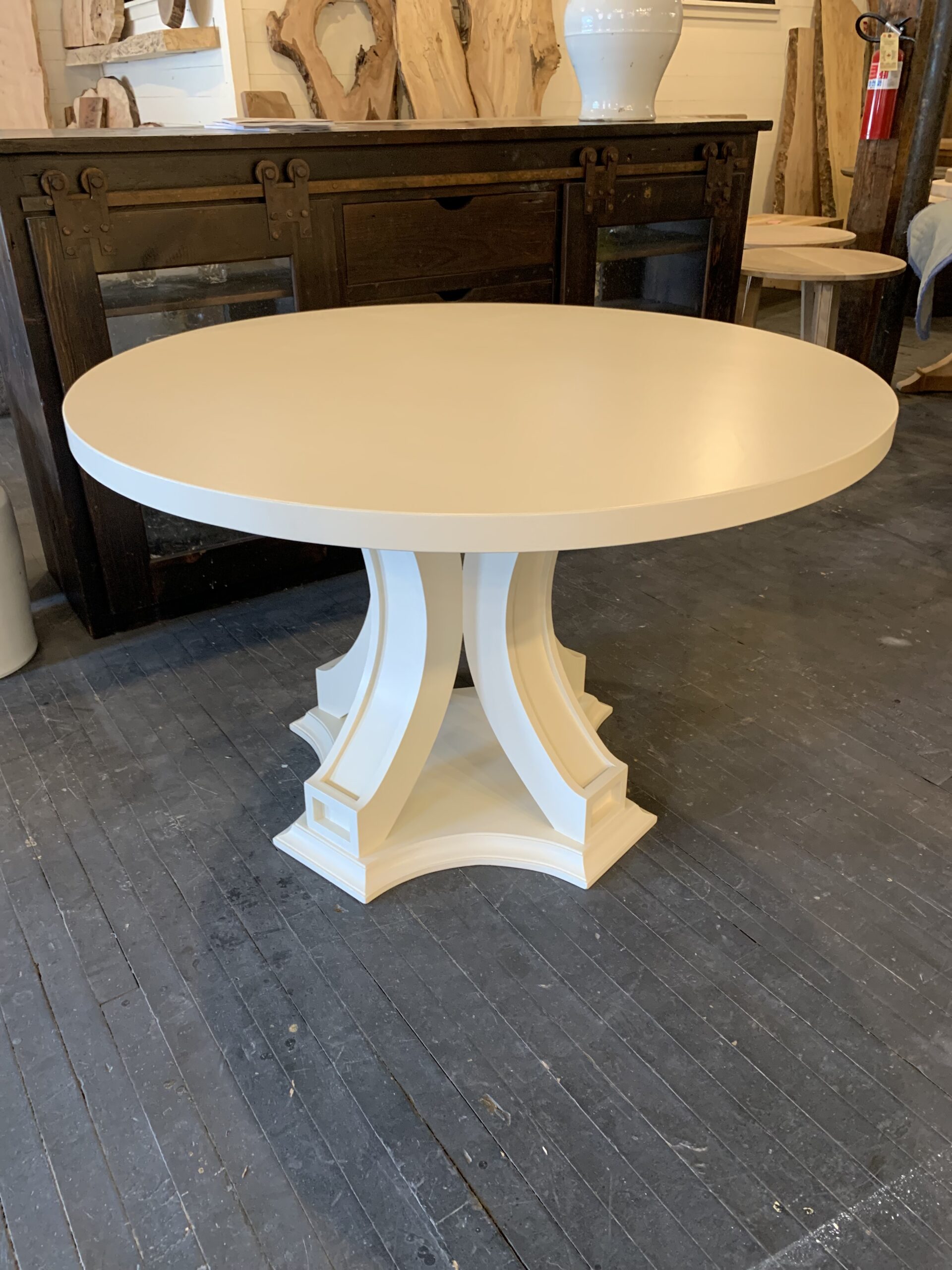 Round Painted Maple Table with Decorative Pedestal Style Base