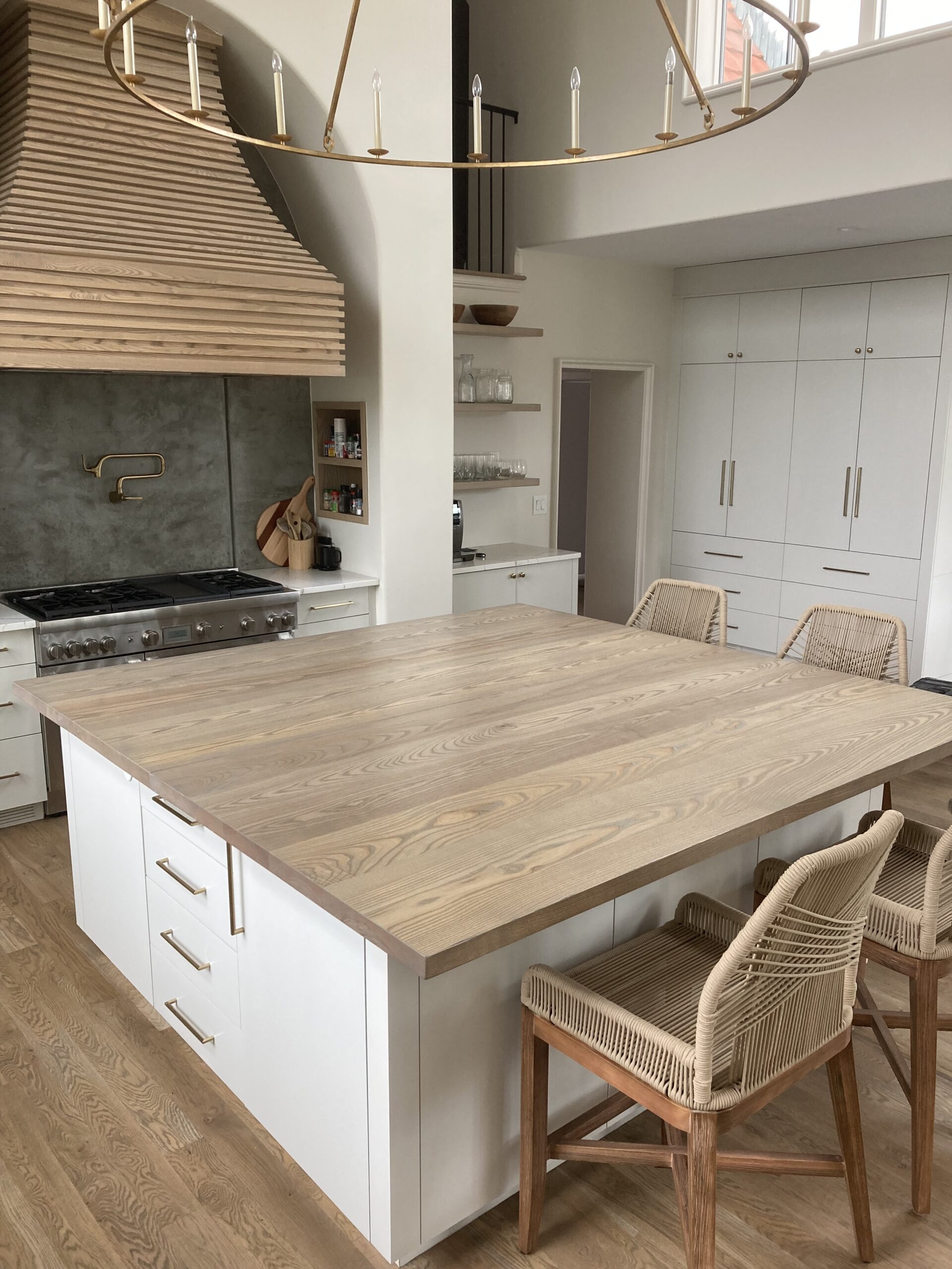 Solid 2" ash island top and matching ash kitchen hood