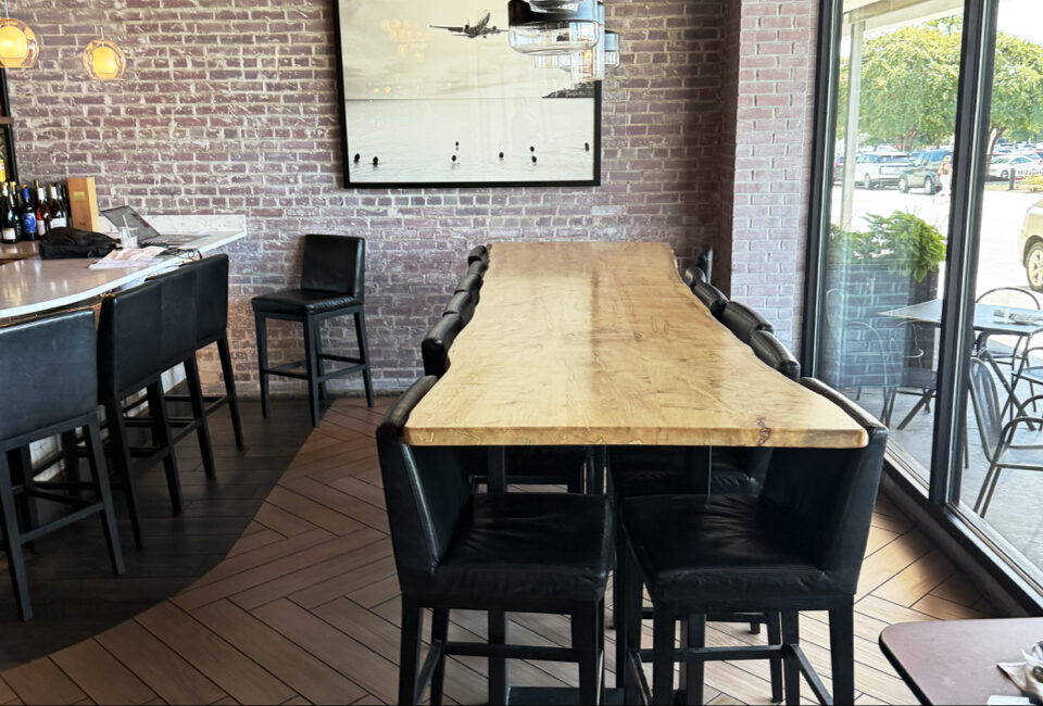 Wormy Maple Live-Edge High-Top Community Table with Steel Base